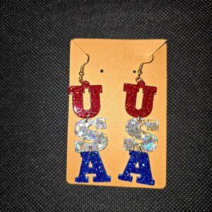 USA Red, White, Blue Dangle Glitter Acrylic Earrings